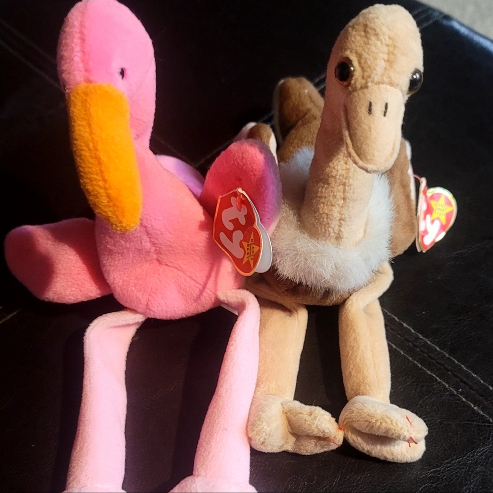 Ty Plush Set: Pink Flamingo and Tan Ostrich